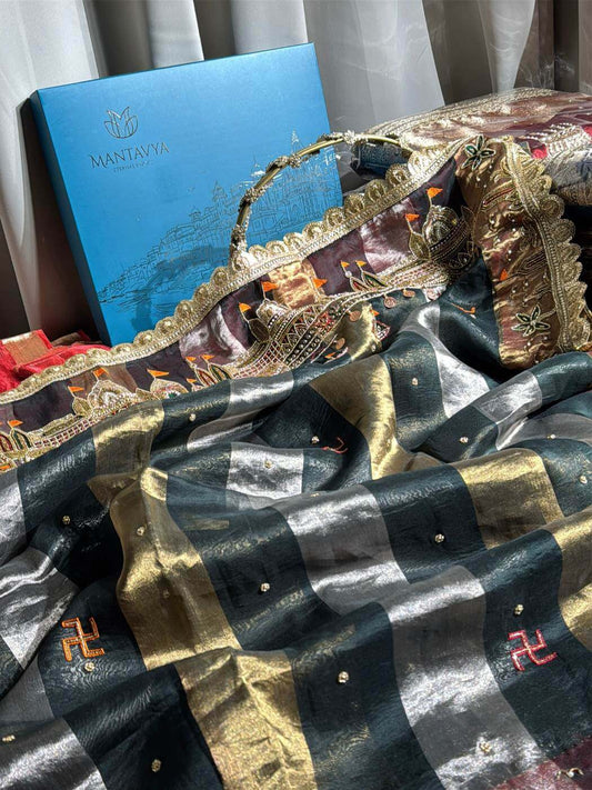 Black Tissue Silk Saree with Ganga Ghat Hand Embroidery Closeup view 02
