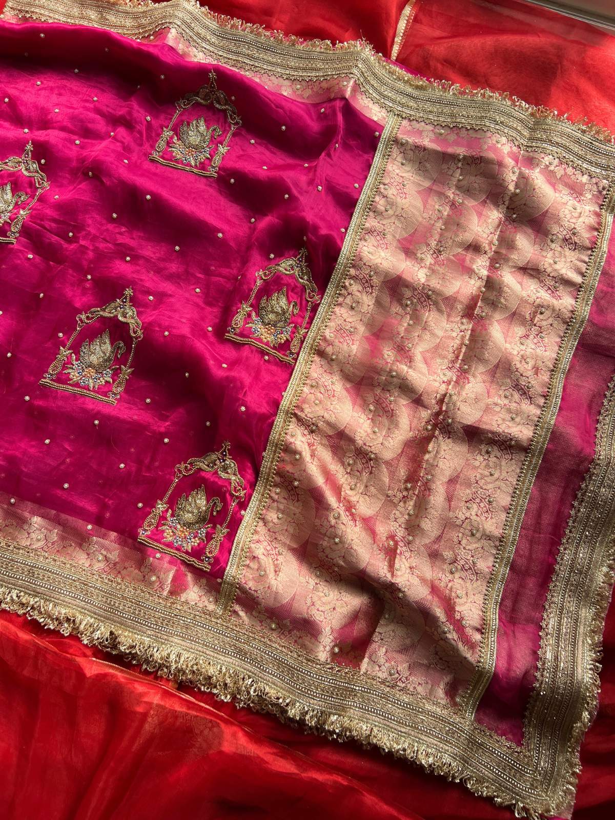 Hot Pink Pure Banarasi Tissue Silk Saree Shahi Hans with Hand Embroidered Swan full view