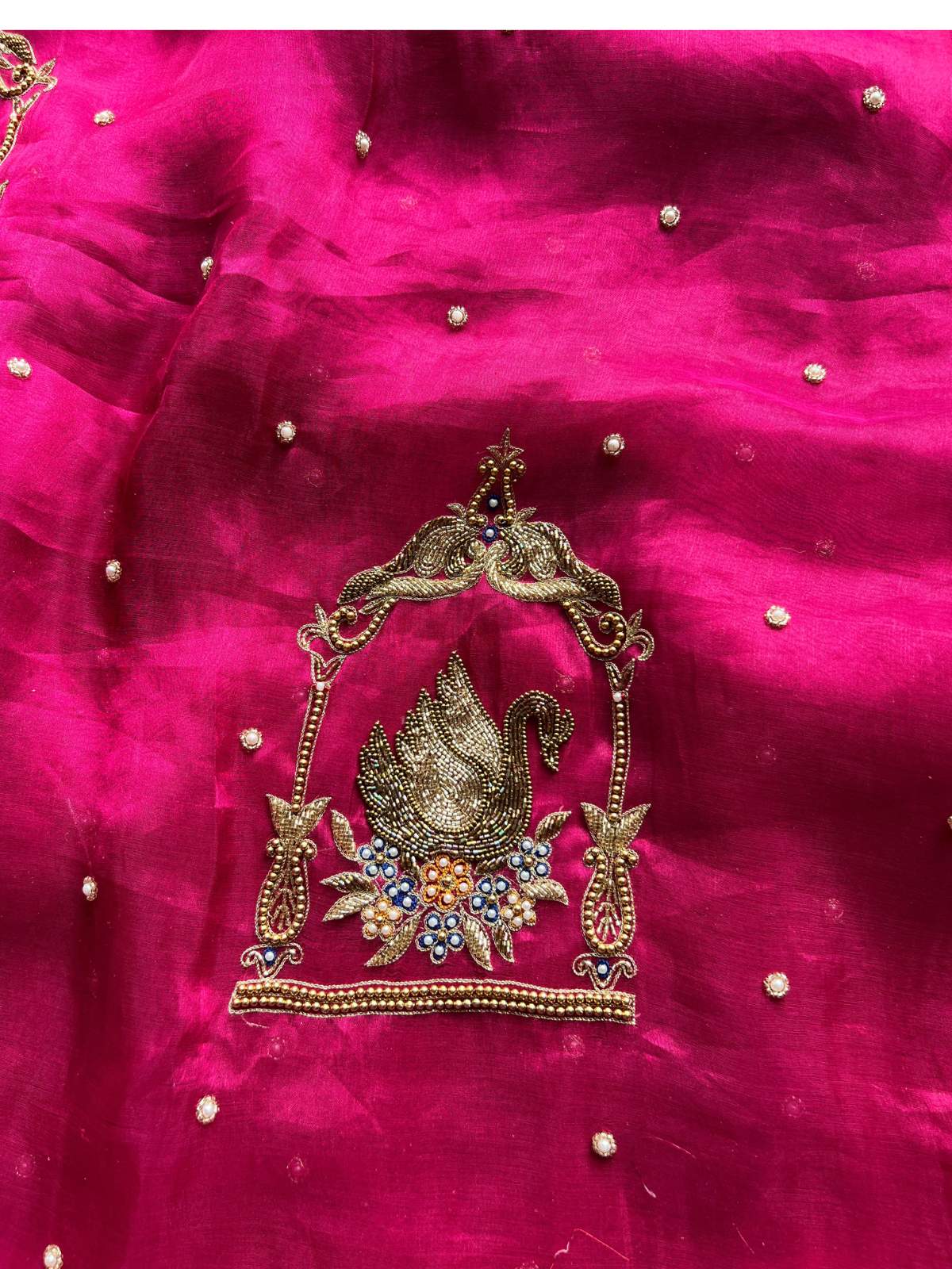 Hot Pink Pure Banarasi Tissue Silk Saree Shahi Hans with Hand Embroidered Swan closeup view 01