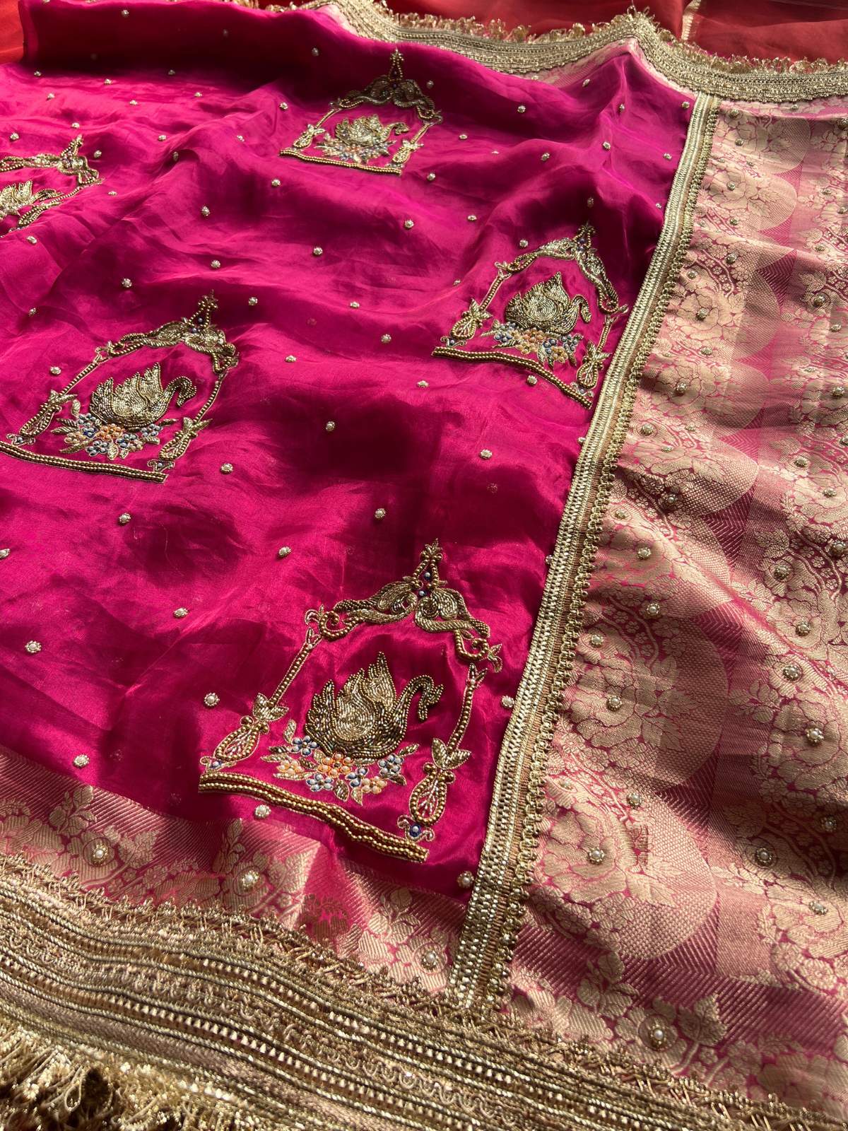 Hot Pink Pure Banarasi Tissue Silk Saree Shahi Hans with Hand Embroidered Swan closeup view 02