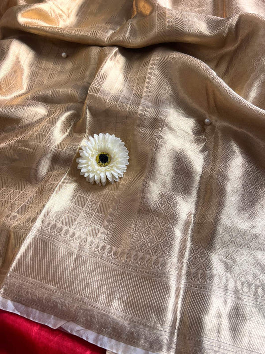 Champagne Gold Brocade Tissue Silk Saree with Zari closeup front view 