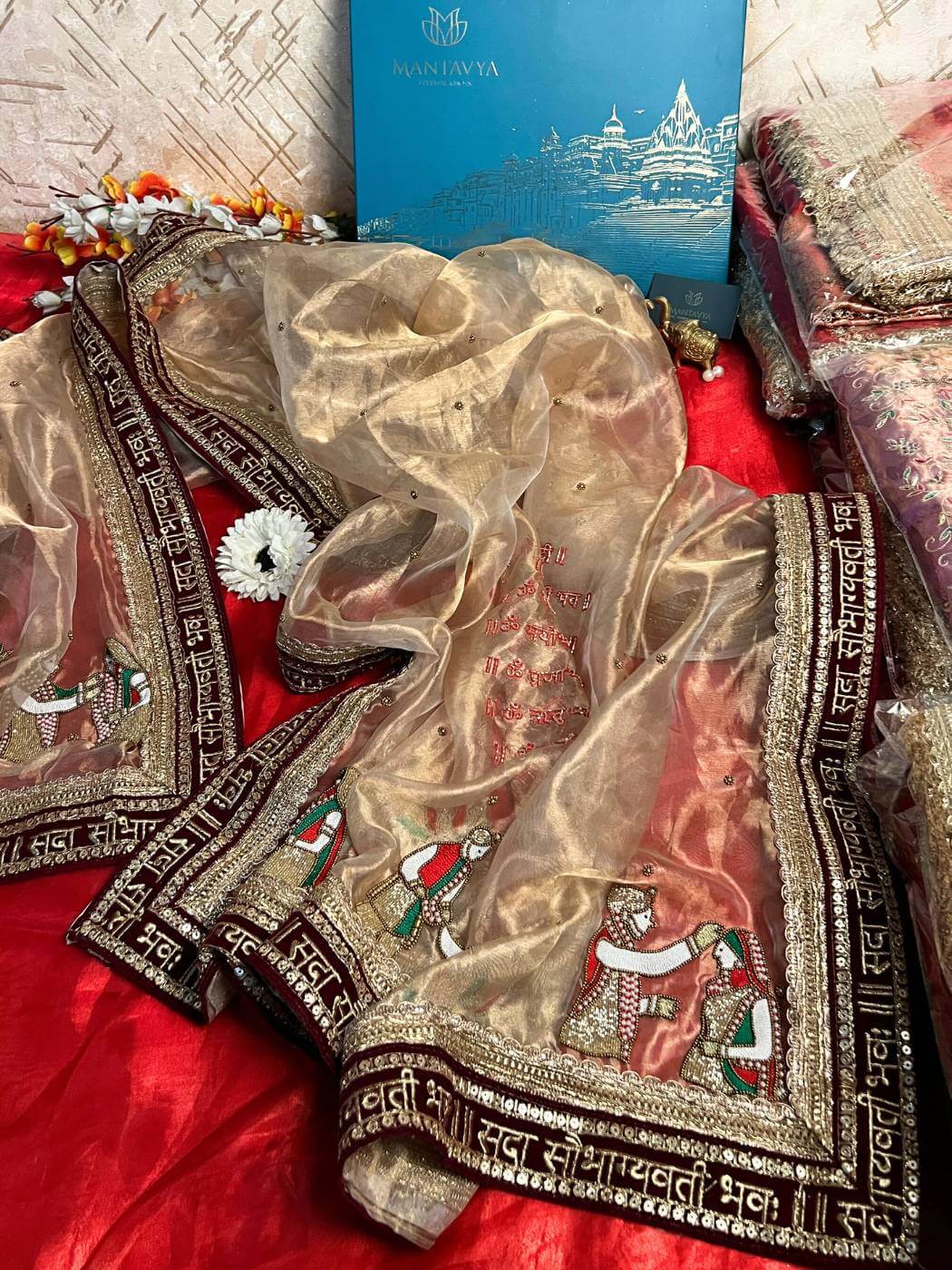 Golden Tissue Silk Dupatta Saat Vachan with Hand Embroidered closeup view 01