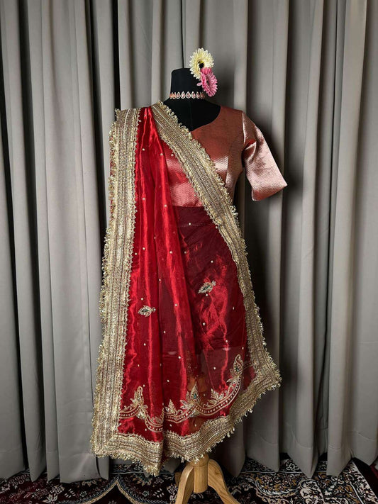 Royal red Kairi Banarasi silk dupatta with classic mango motifs