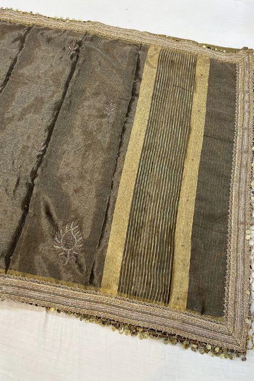 Hand-Embroidered Fuscous Grey Linen Tissue Silk Saree with intricate zari and resham embroidery, crafted in Banaras.