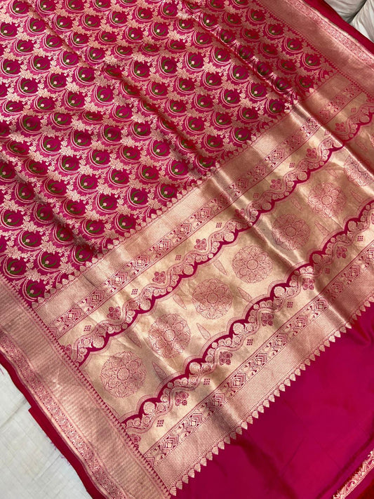Pink Katan Silk Saree with geometric full view