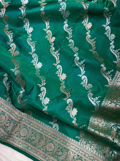 Emerald Green Katan Silk Saree with intricate silver zari closeup view 01