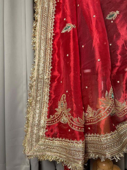Royal red Kairi Banarasi silk dupatta with classic mango motifs