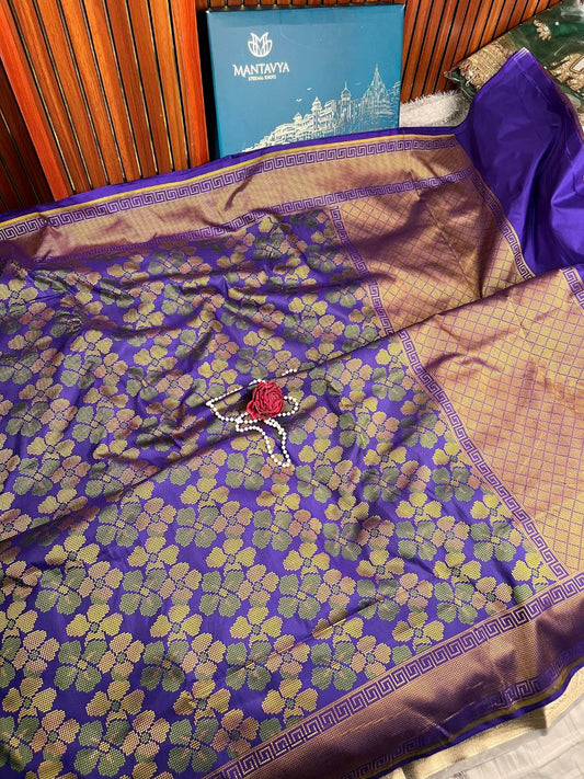 Purple Katan Silk Saree with floral buta full view