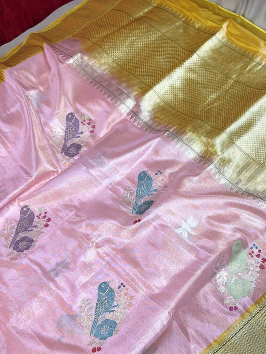 Baby Pink Katan Siilk Saree with fine Tilfi boota fornt view 
