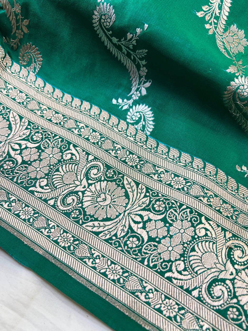 Emerald Green Katan Silk Saree with intricate silver zari closeup view02