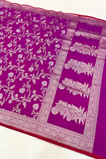 Handwoven Katan Silk Saree with intricate floral zari work and contrast selvedge border, crafted in Banaras