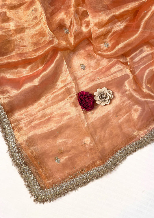Peach Semi-Stitched Pure Tissue Silk Suit Set by Mantavya