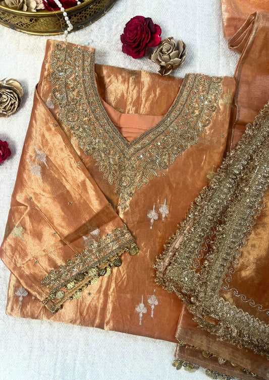 Peach Semi-Stitched Pure Tissue Silk Suit Set for Women – Mantavya Banaras