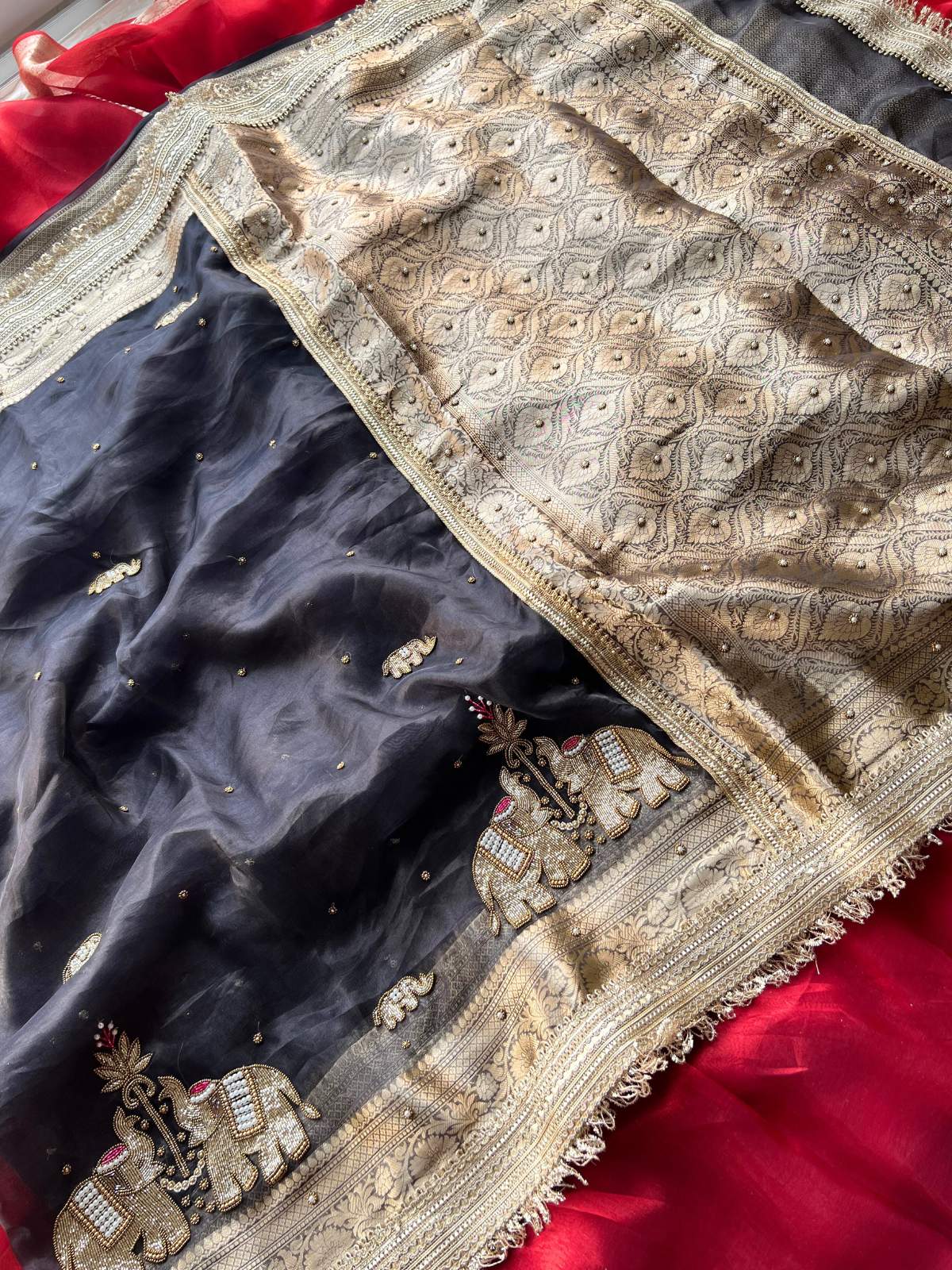 Black Black Tissue Silk Saree Gajraaj  with Hand Embroidered Elephant full view