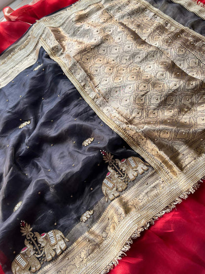 Black Black Tissue Silk Saree Gajraaj  with Hand Embroidered Elephant full view