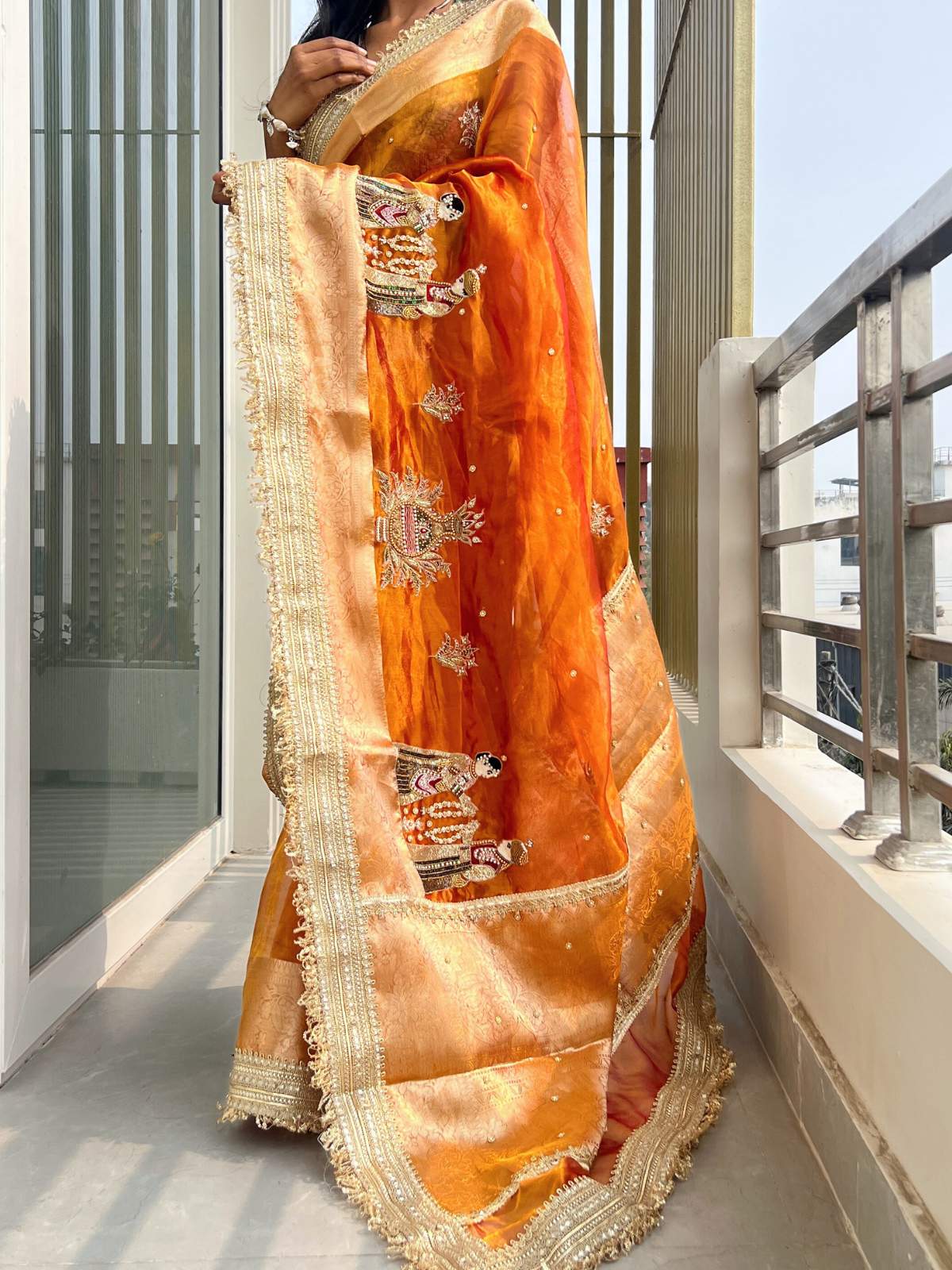 Kanjivaram Gold Banarasi Tissue Silk Saree Shubh Vivah with Hand-Embroidered Wedding model view