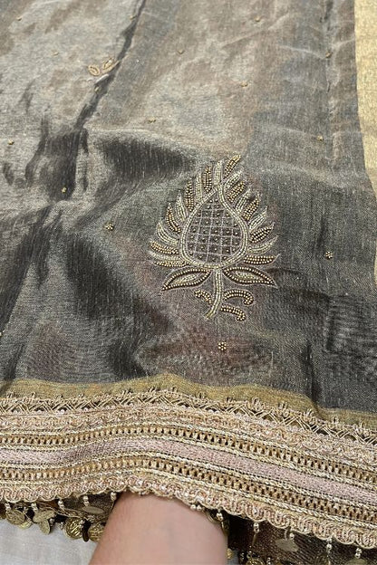 Hand-Embroidered Fuscous Grey Linen Tissue Silk Saree with intricate zari and resham embroidery, crafted in Banaras.