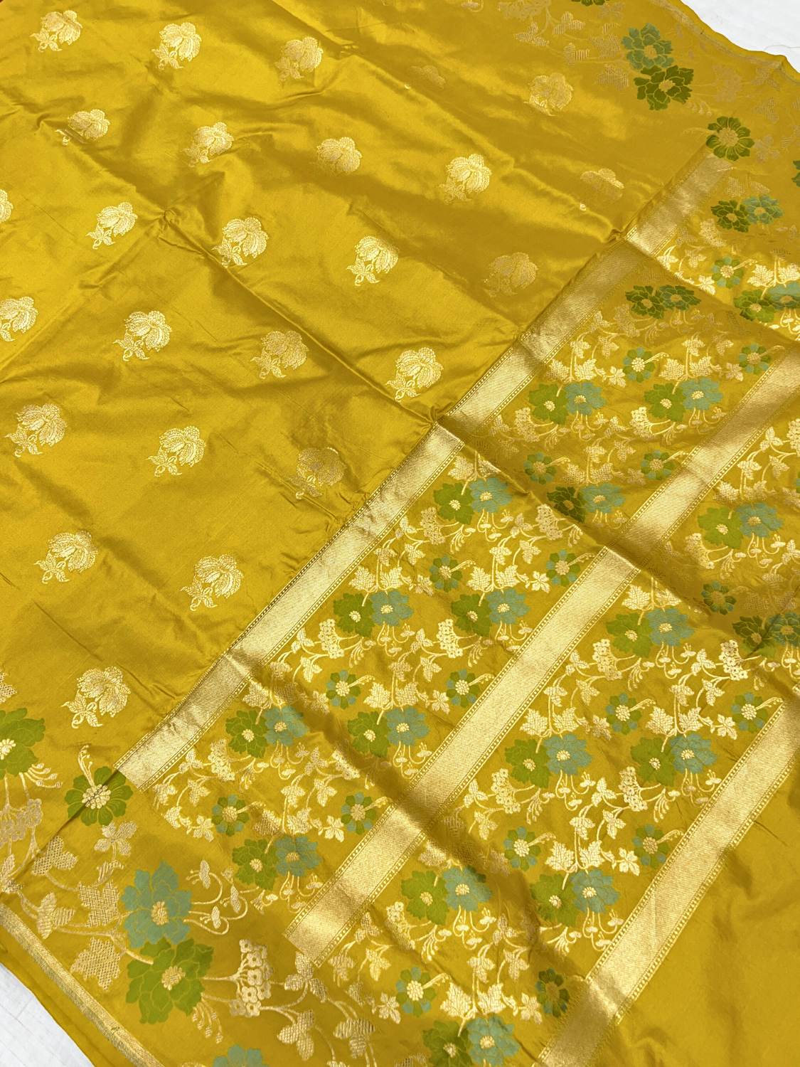 Yellow Katan Silk Saree with floral buta full view 