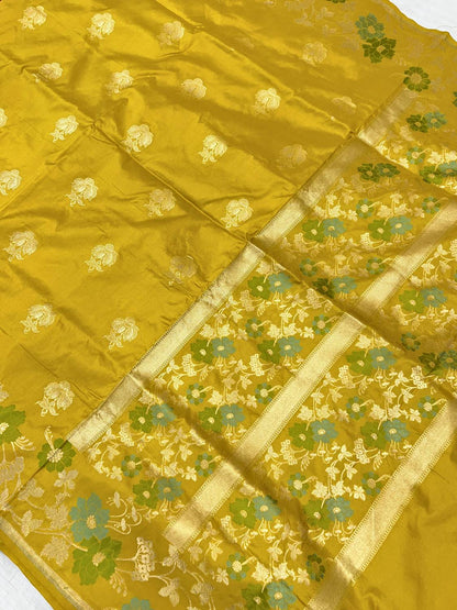 Yellow Katan Silk Saree with floral buta full view 