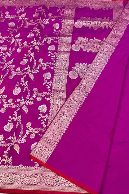 Handwoven Katan Silk Saree with intricate floral zari work and contrast selvedge border, crafted in Banaras