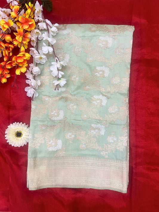 Manatavya Banaras pista green Katan silk saree fabric detail highlighting fine handwoven texture and lustrous silk finish