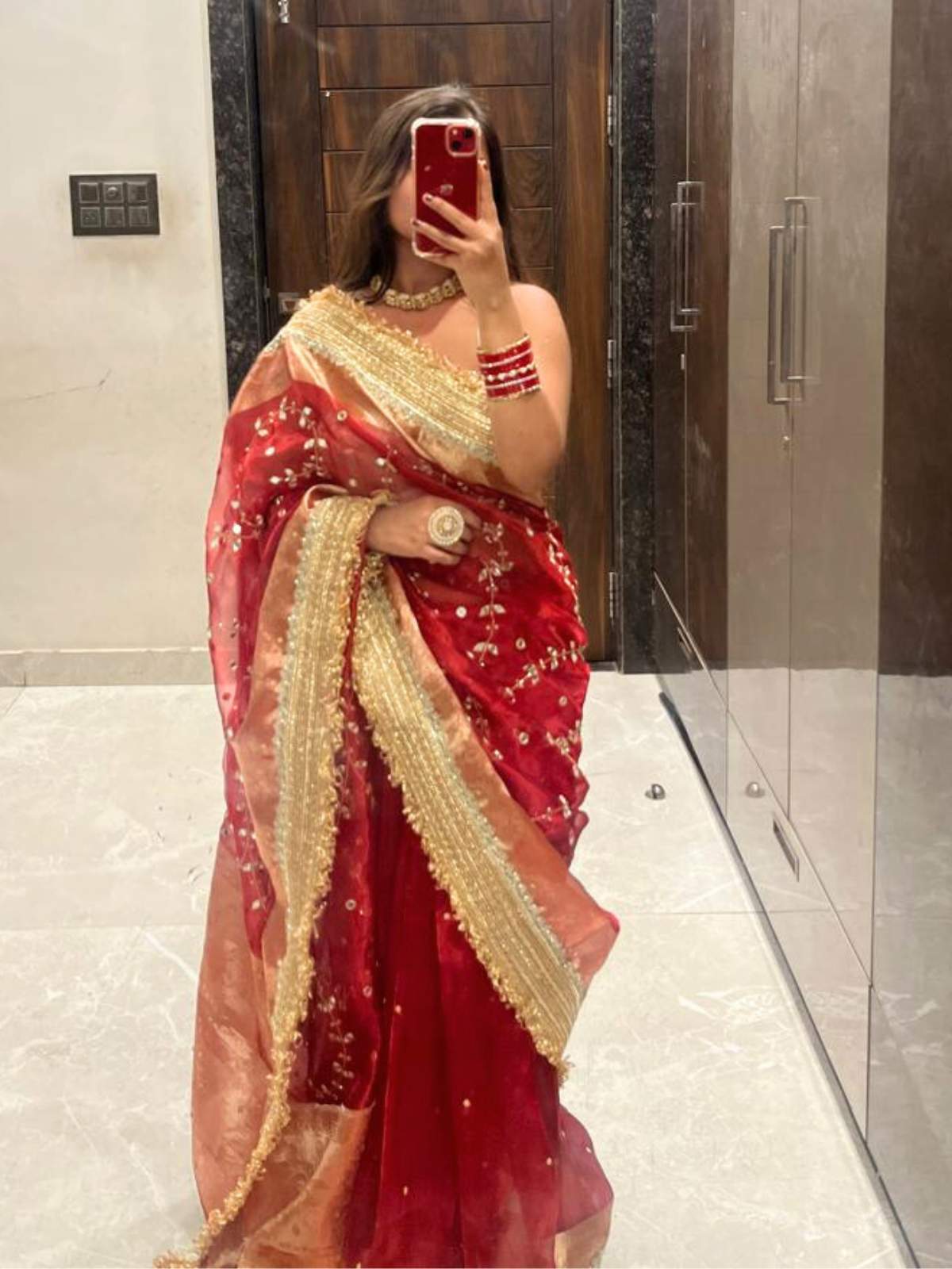 Hand Embroidered Red Tissue Silk Saree with Mirror Jaal and Buti Work