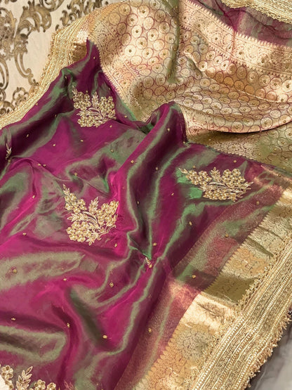Mantavya Wine-Green Banarasi Tissue Silk Saree