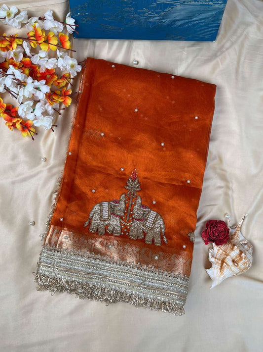 Orange Tissue Silk Saree Gajraaj With Handembroidery elephant motifs front view