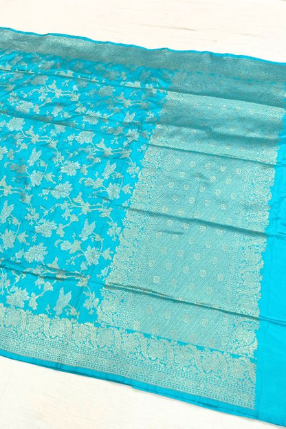 Handwoven Sky Blue Katan Silk Saree with allover floral jaal pattern, intricate sona rupa zari floral border and anchal, paired with a plain sky blue blouse piece featuring matching floral border sleeves, made in Banaras.