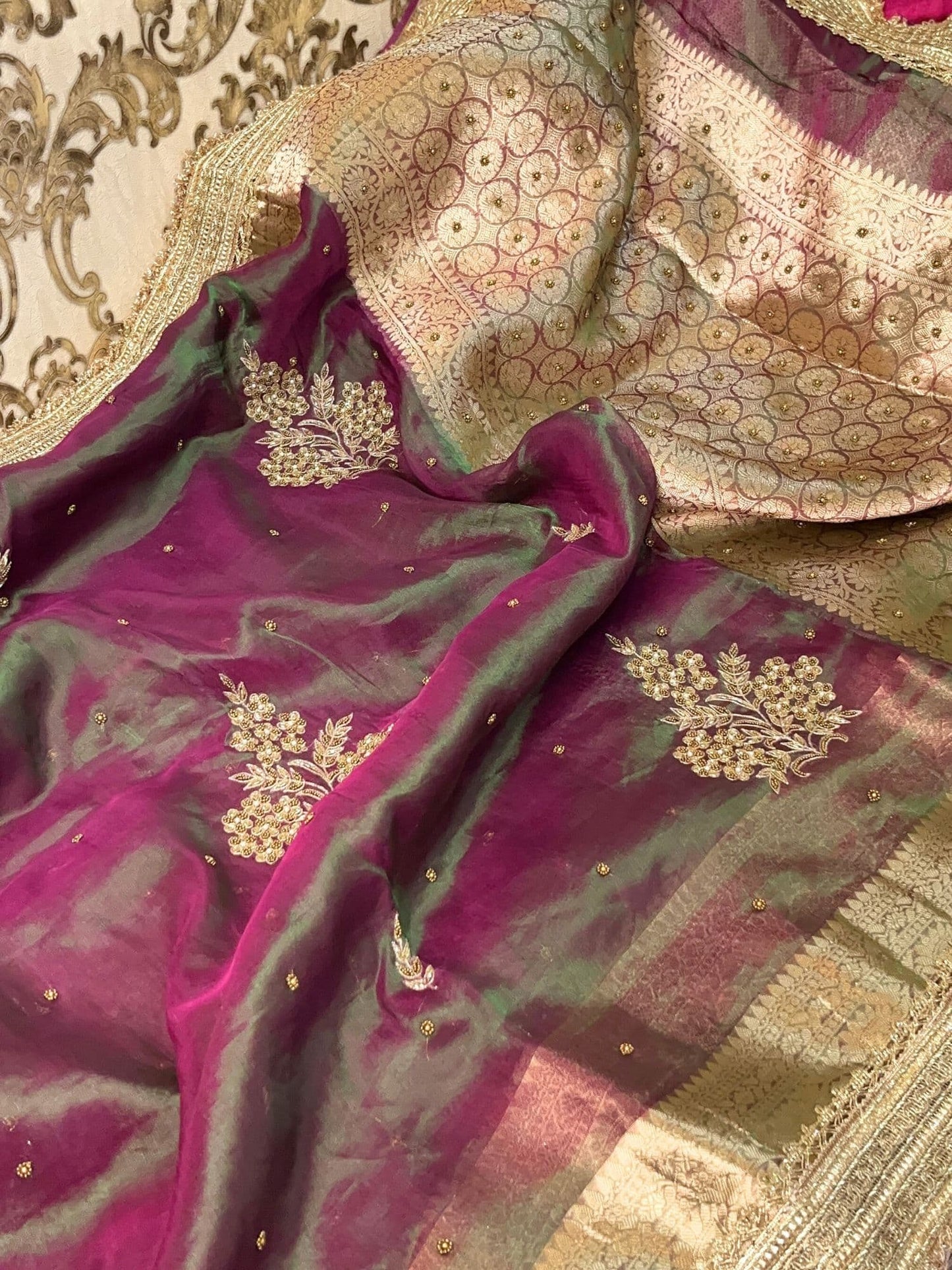 Mantavya Wine-Green Banarasi Tissue Silk Saree