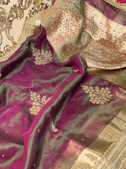 Mantavya Wine-Green Banarasi Tissue Silk Saree