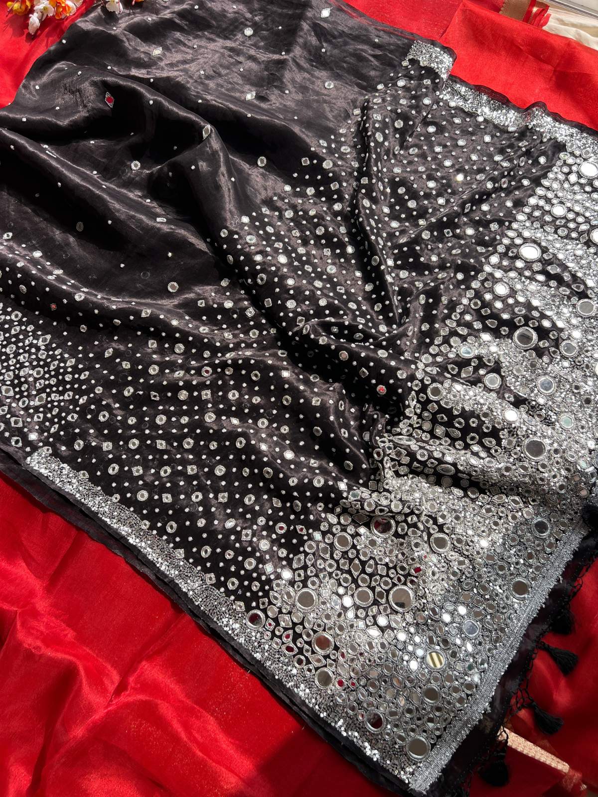 Black Tissue Silk Saree Shish Mahal with hand embroidery mirror work full view