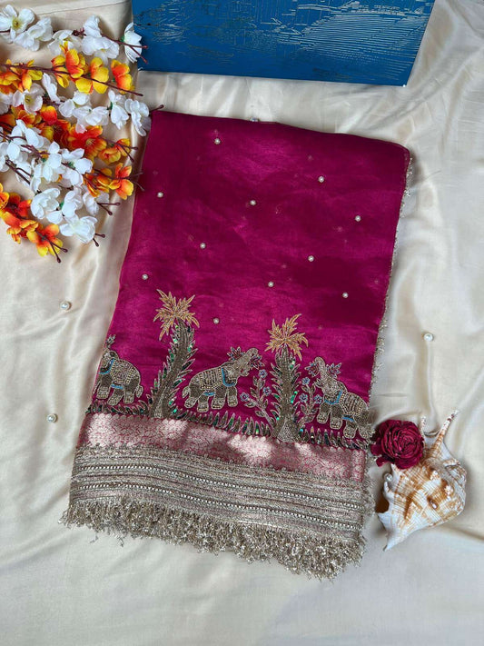 Hot pink Tissue Silk Saree Gajgamini with graceful traditional patterns Front view