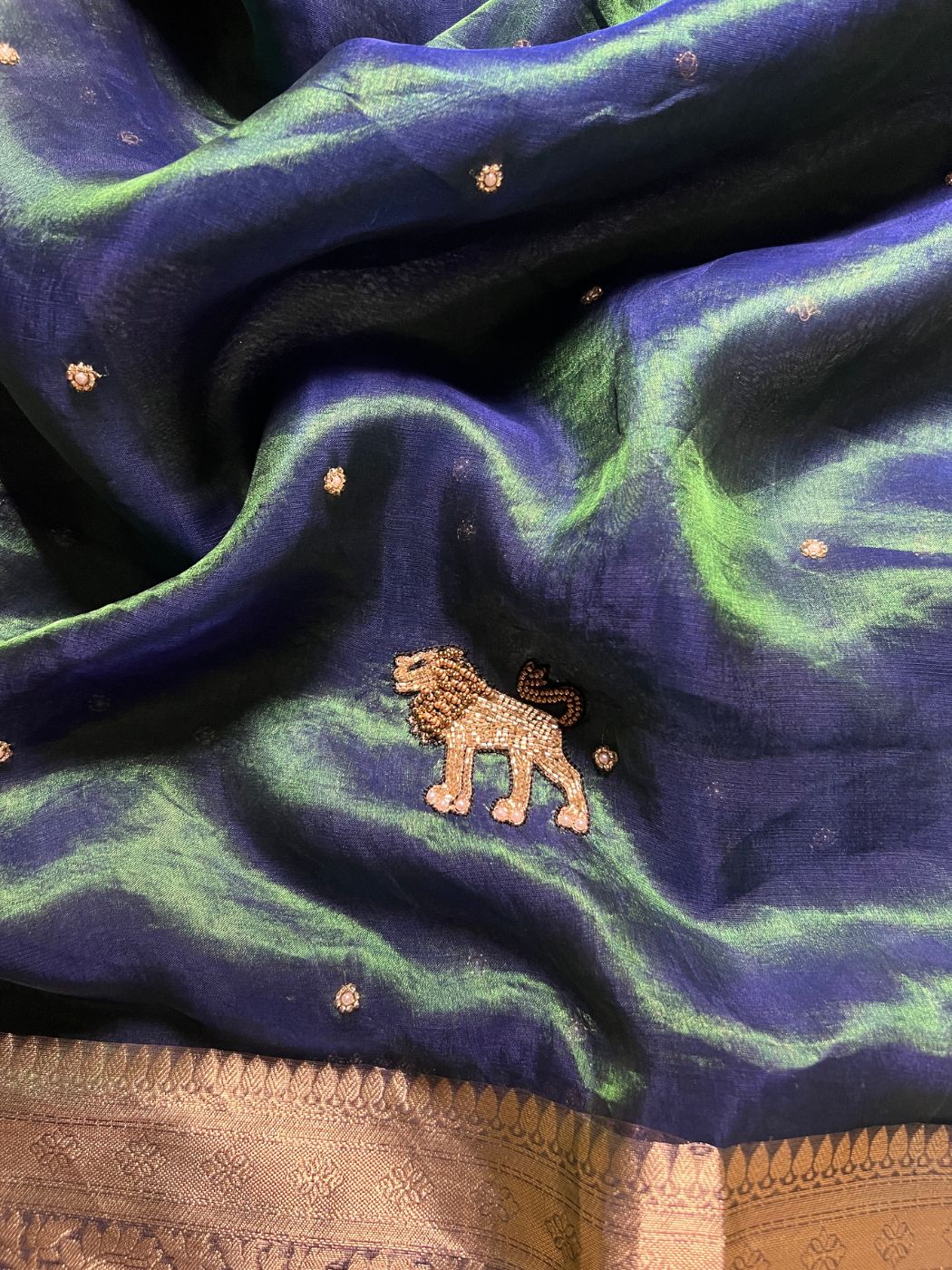 Teal Blue Sherbagh Tissue Silk Saree closeup View