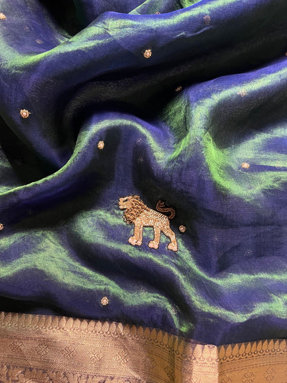 Teal Blue Sherbagh Tissue Silk Saree closeup View