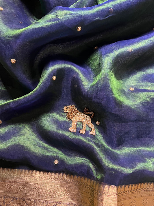 Teal Blue Sherbagh Tissue Silk Saree closeup View