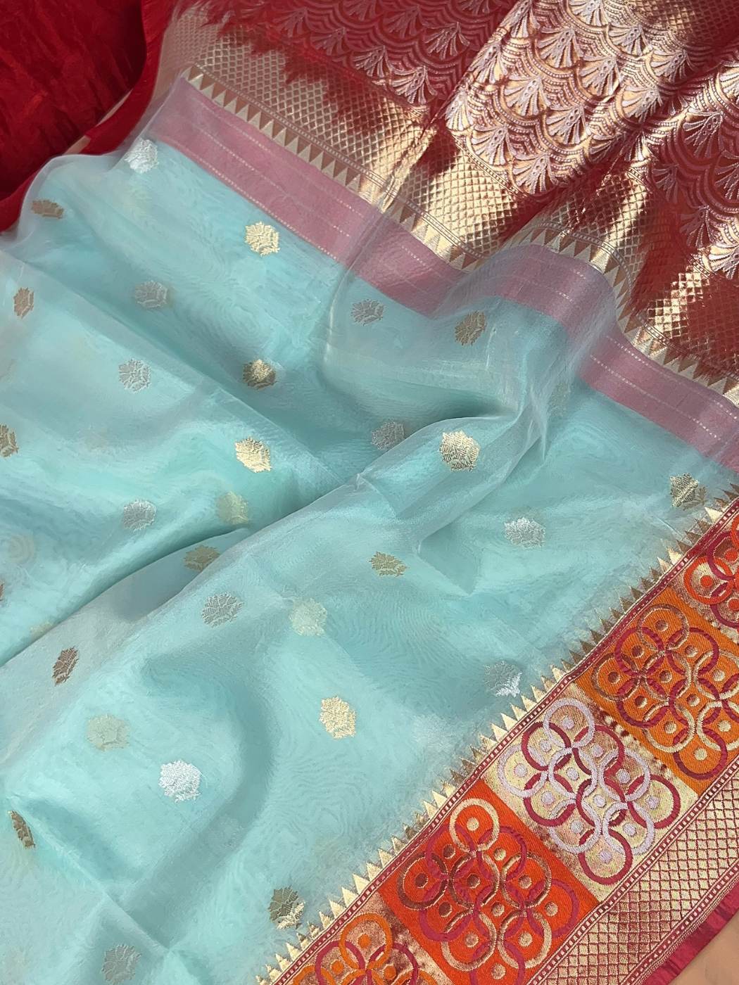 Aqua Blue Kora Silk Saree with floral closeup view 02
