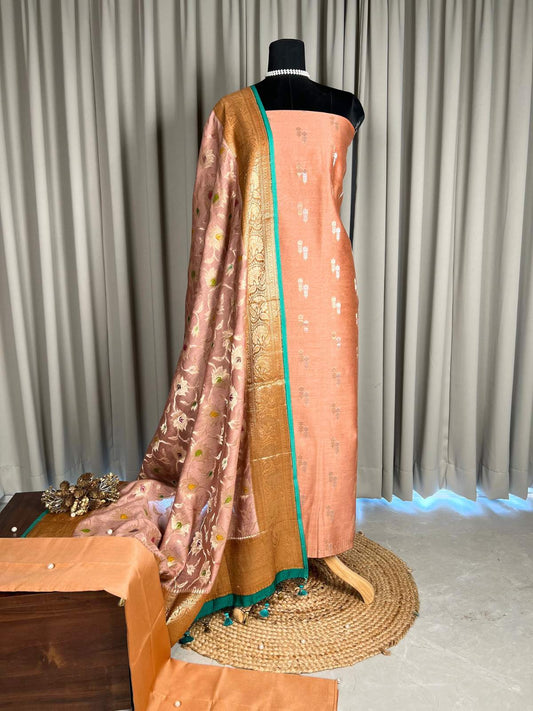 Peach Moonga Silk Suit with buti and floral zari full view