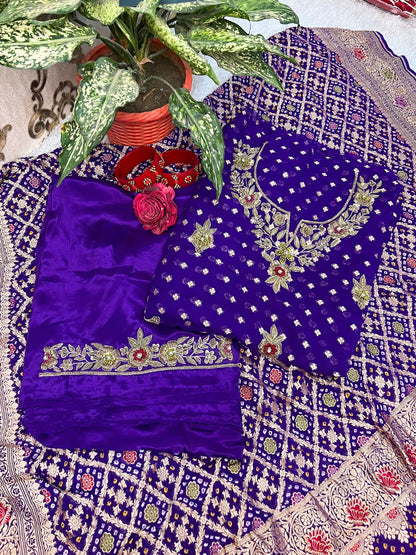 Blue Bandhej suit with traditional tie-dye pattern