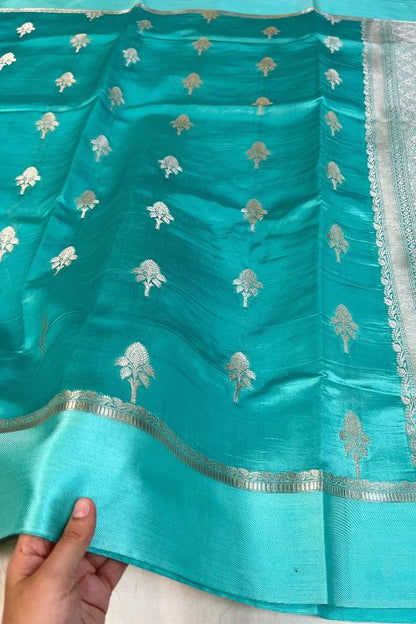 Sky Blue Raw Mango Silk Saree with satin border and zari aachal