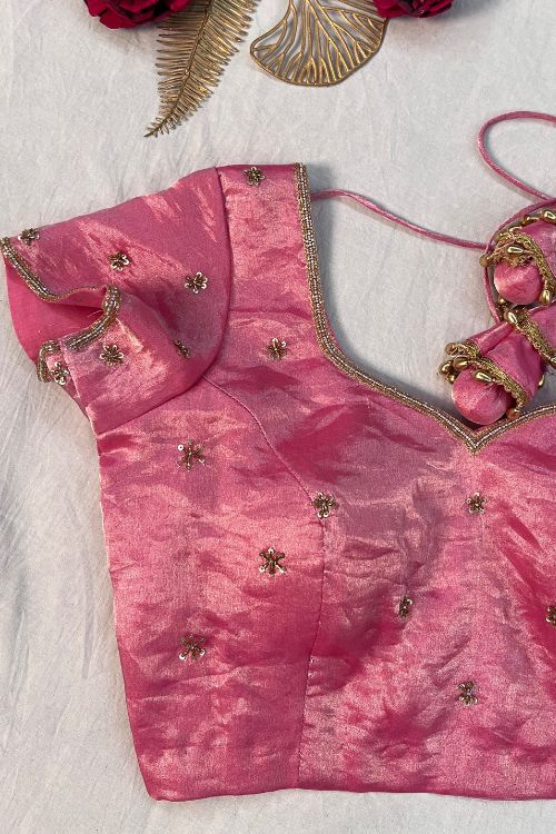 Hand Embroidered Pink Pure Tissue Silk Saree