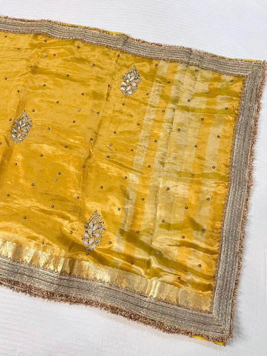 Hand Embroidered Yellow Banarasi Tissue Silk Saree with flower buta, gota patti border, brocade aachal, and unstitched brocade blouse piece