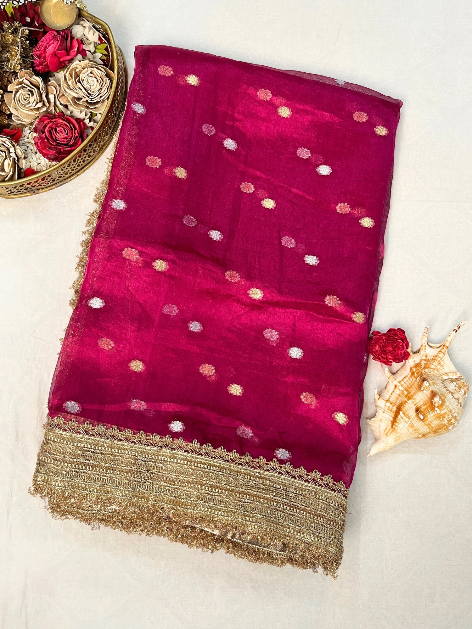 Hot Pink Buti Pure Banarasi Tissue Silk Saree