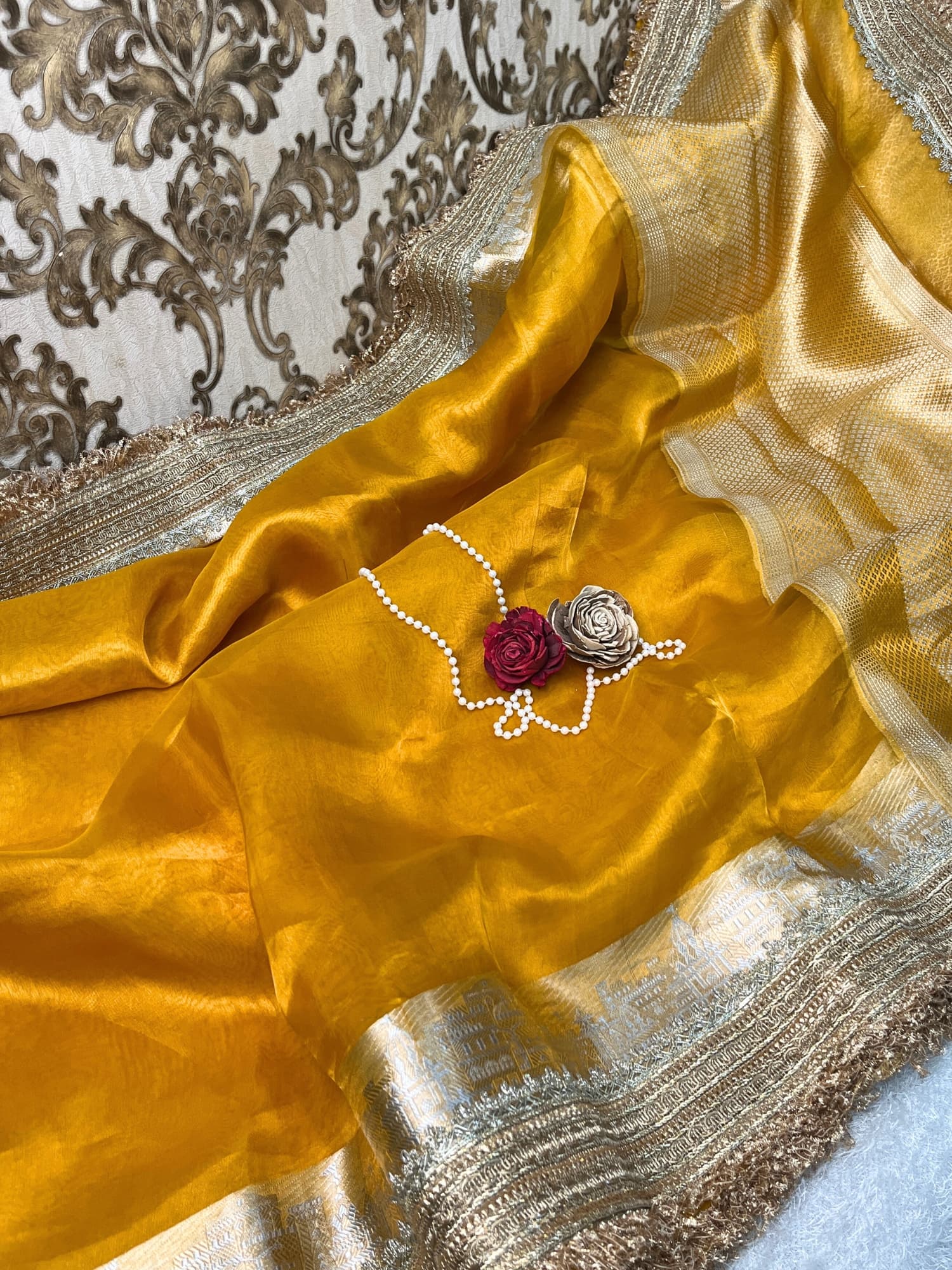 Mantavya Mustard Yellow Banarasi Tissue Silk Saree with golden zari work