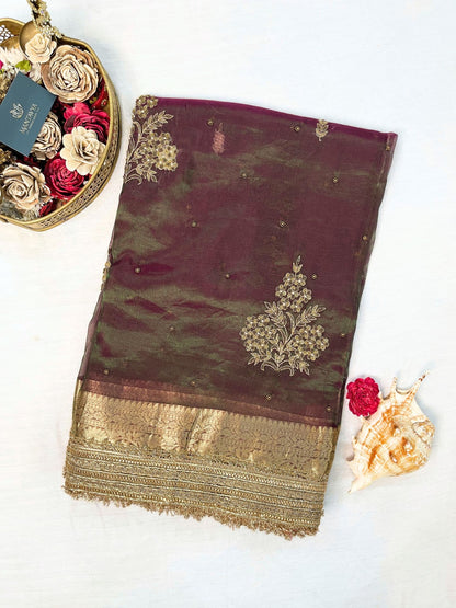 Mantavya Wine-Green Banarasi Tissue Silk Saree
