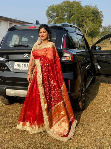 Mantavya banaras customer wearing gulmohar saree