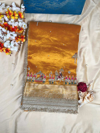 Yellow Barat Banarasi silk saree designed for traditional wedding processions