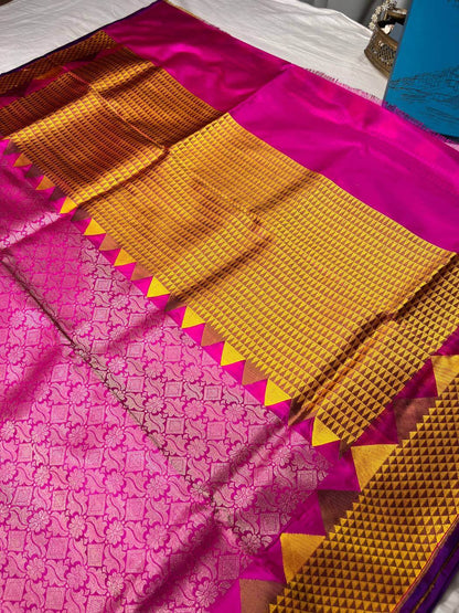 Pink Katan Silk Saree with Handloom Weaving Closeup view 01