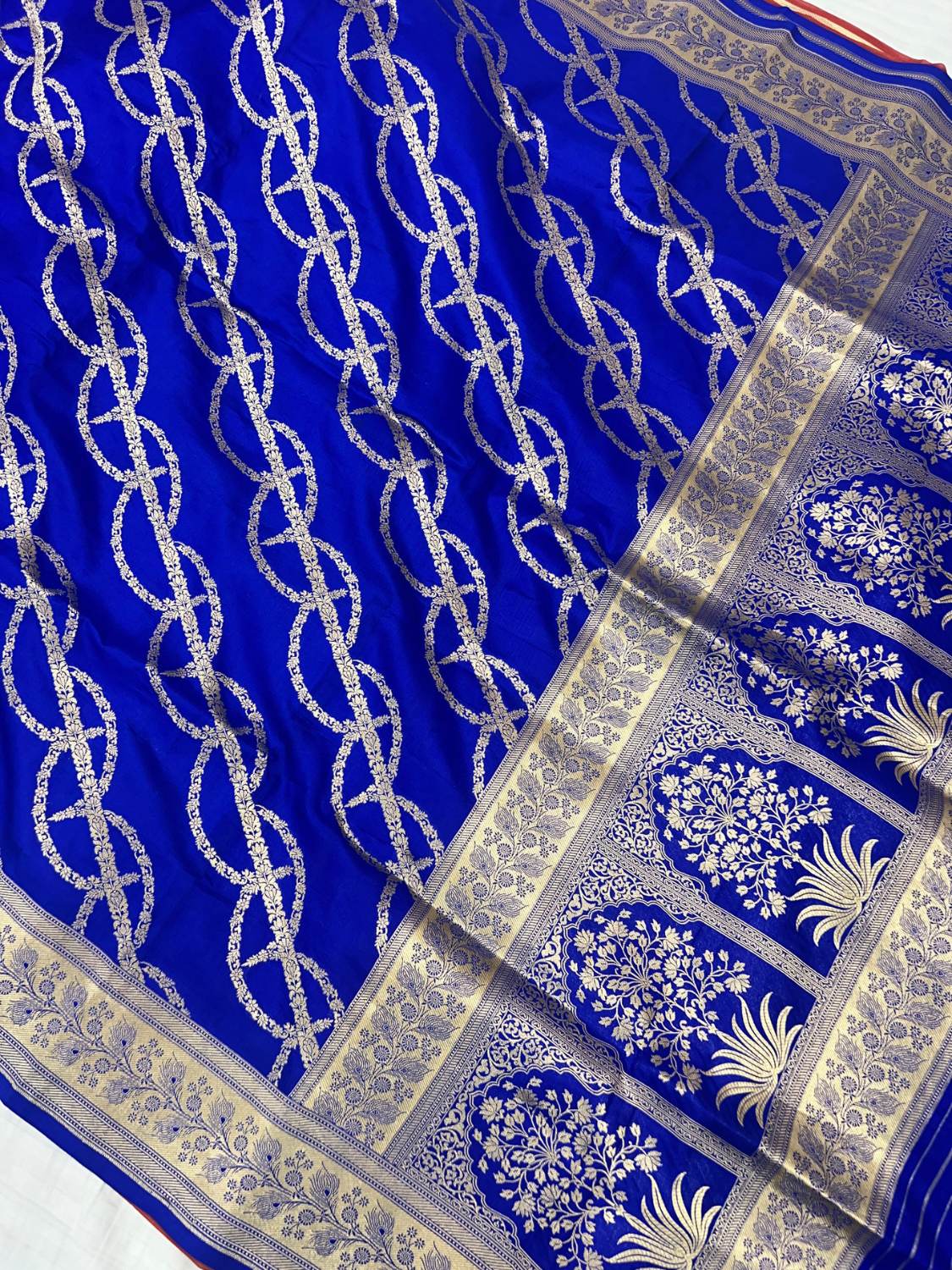 Royal Blue Katan Silk Saree with  floral vine full view