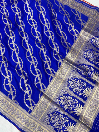 Royal Blue Katan Silk Saree with  floral vine full view